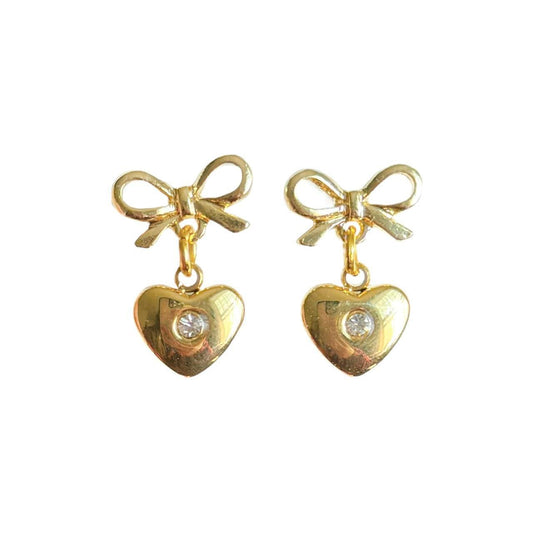 Gold Bow & Clear Rhinestone Heart Earrings