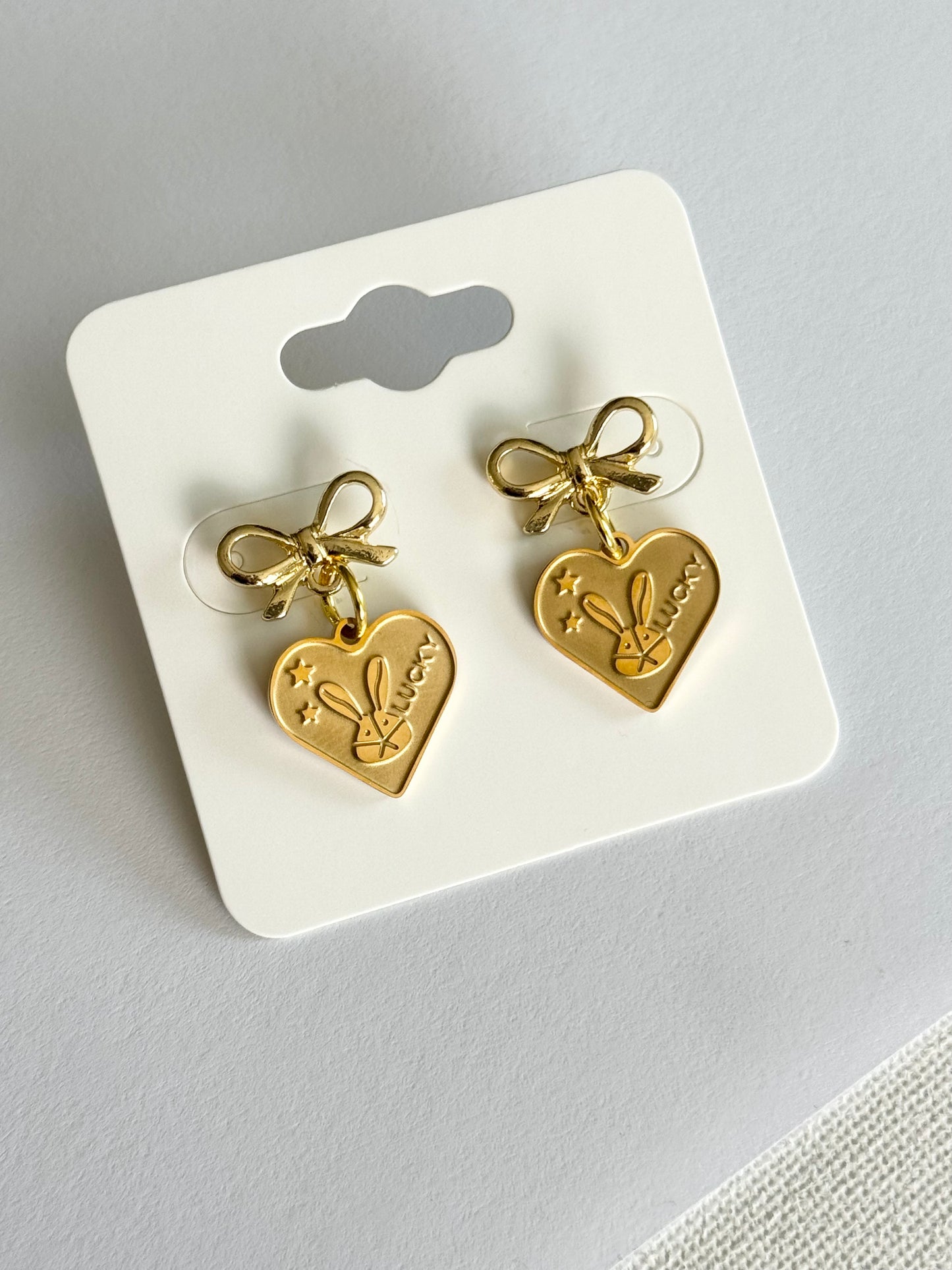 Gold Bow & Lucky Bunny Heart Earrings