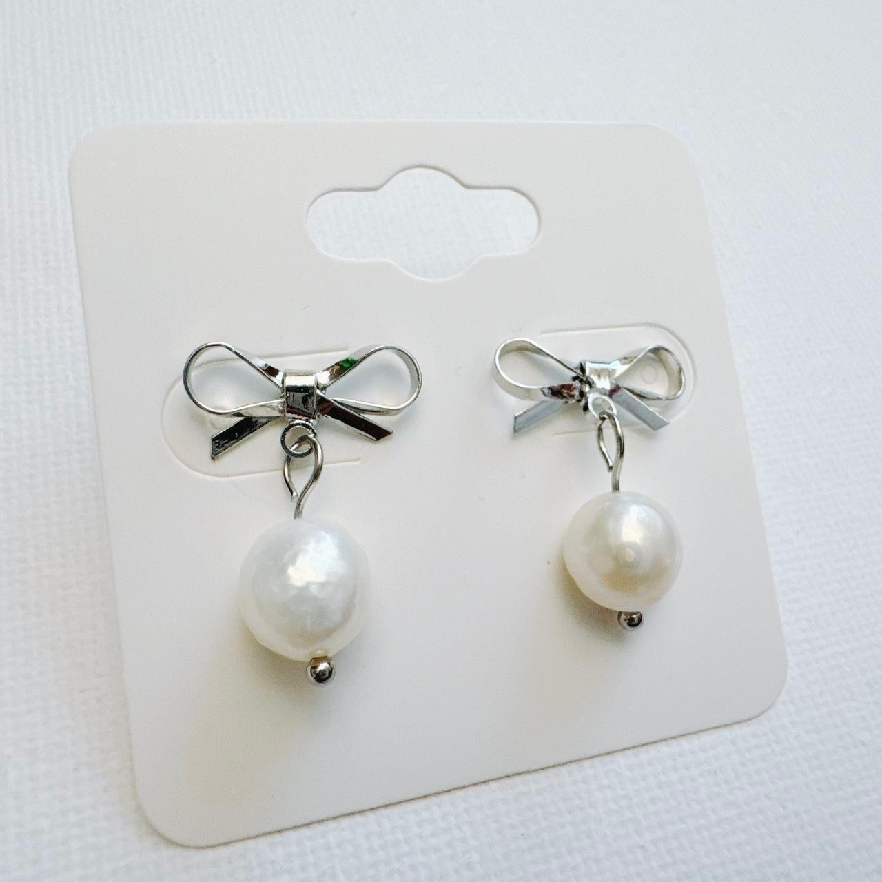 Silver Bow & Pearl Earrings