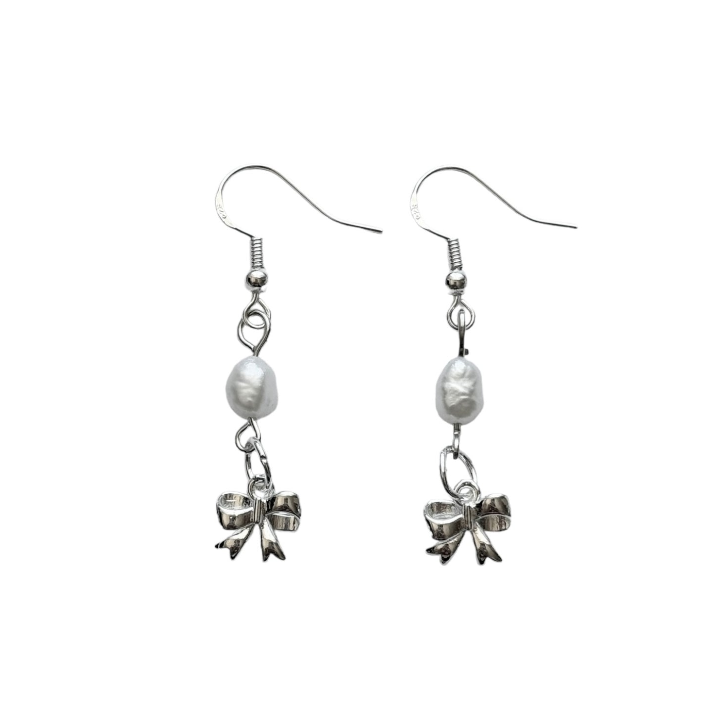 silver pearl bow dangle earrings