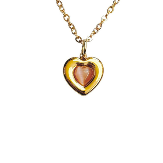 gold pink cats eye heart necklace