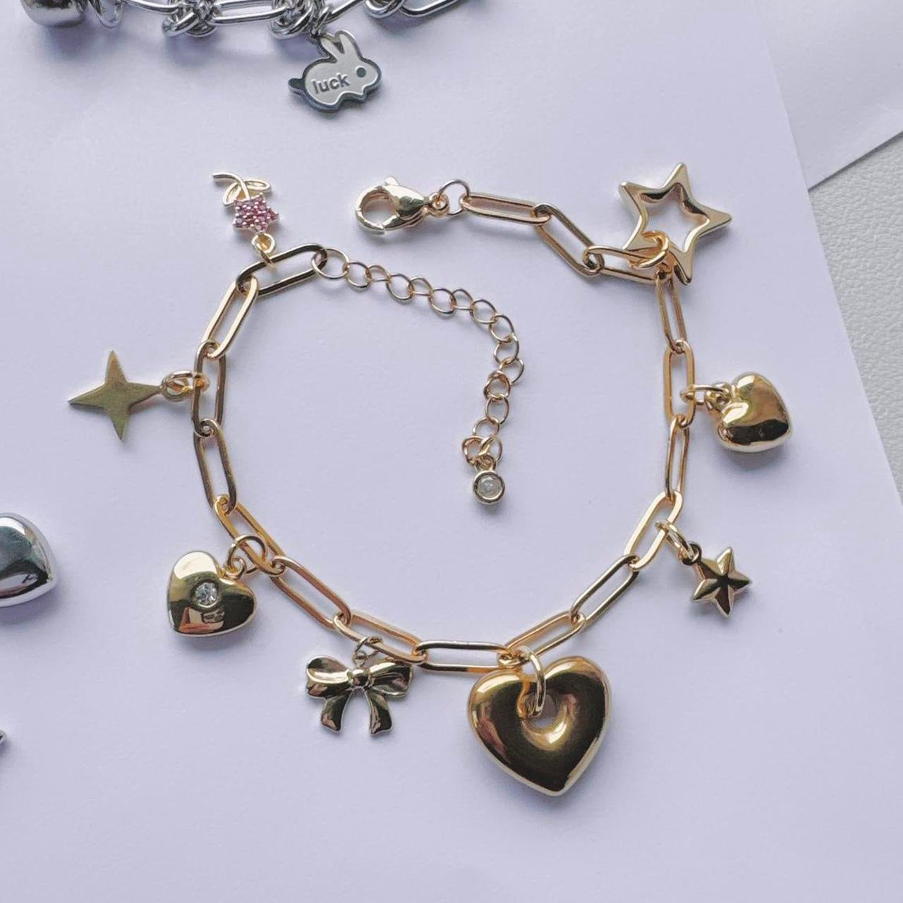 Gold Puffy Heart Charm Bracelet