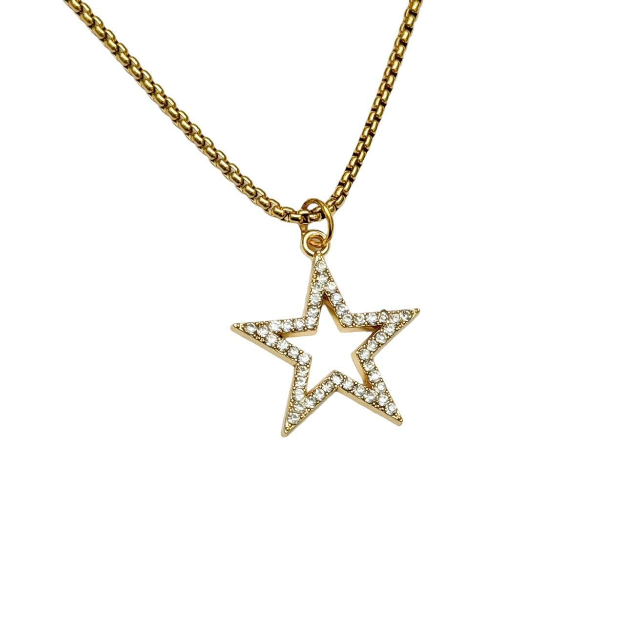 Gold Rhinestone Hollow Star Necklace