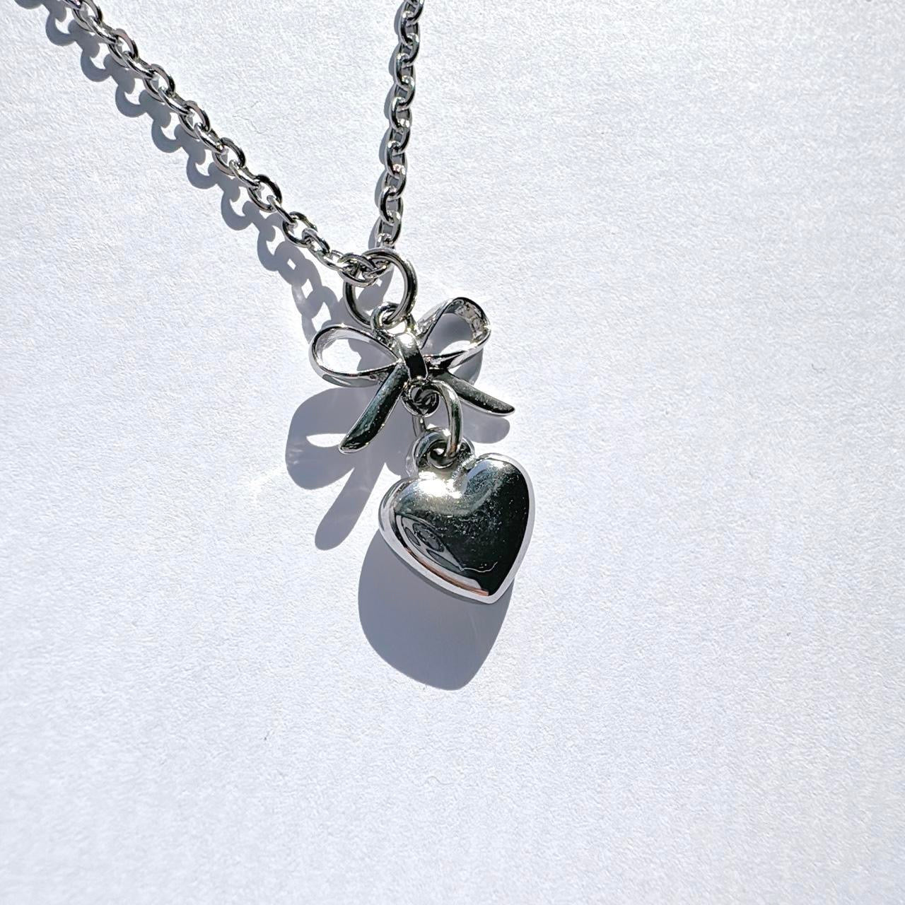 Silver Bow & Heart Necklace