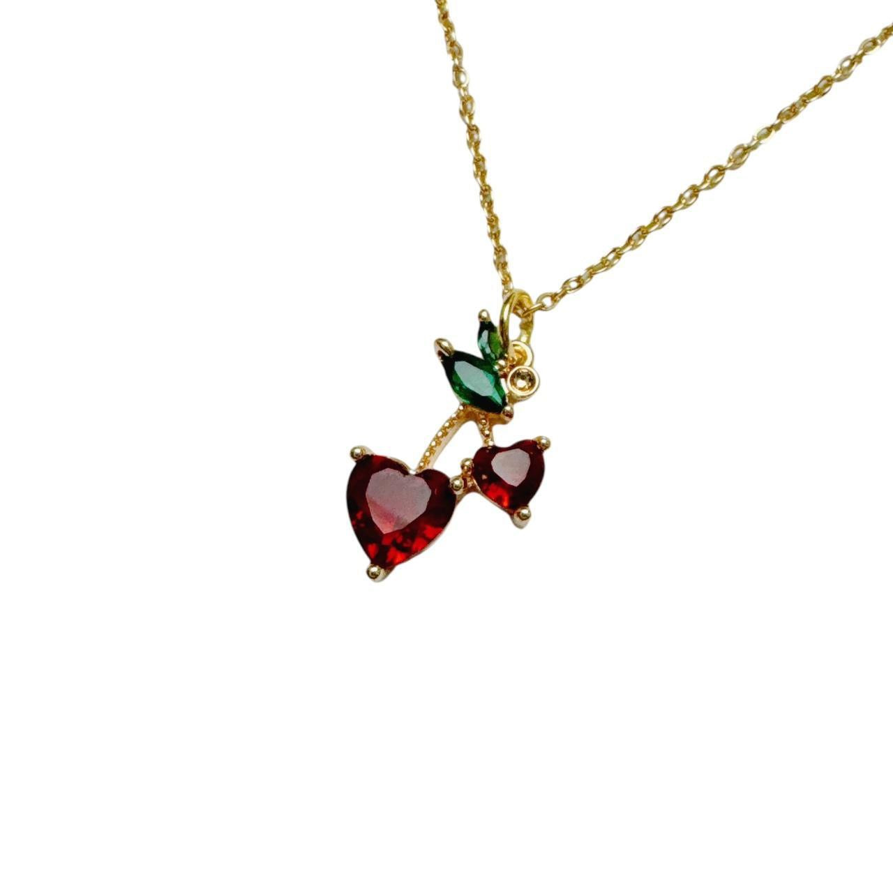 Gold Rhinestone Cherry Necklace