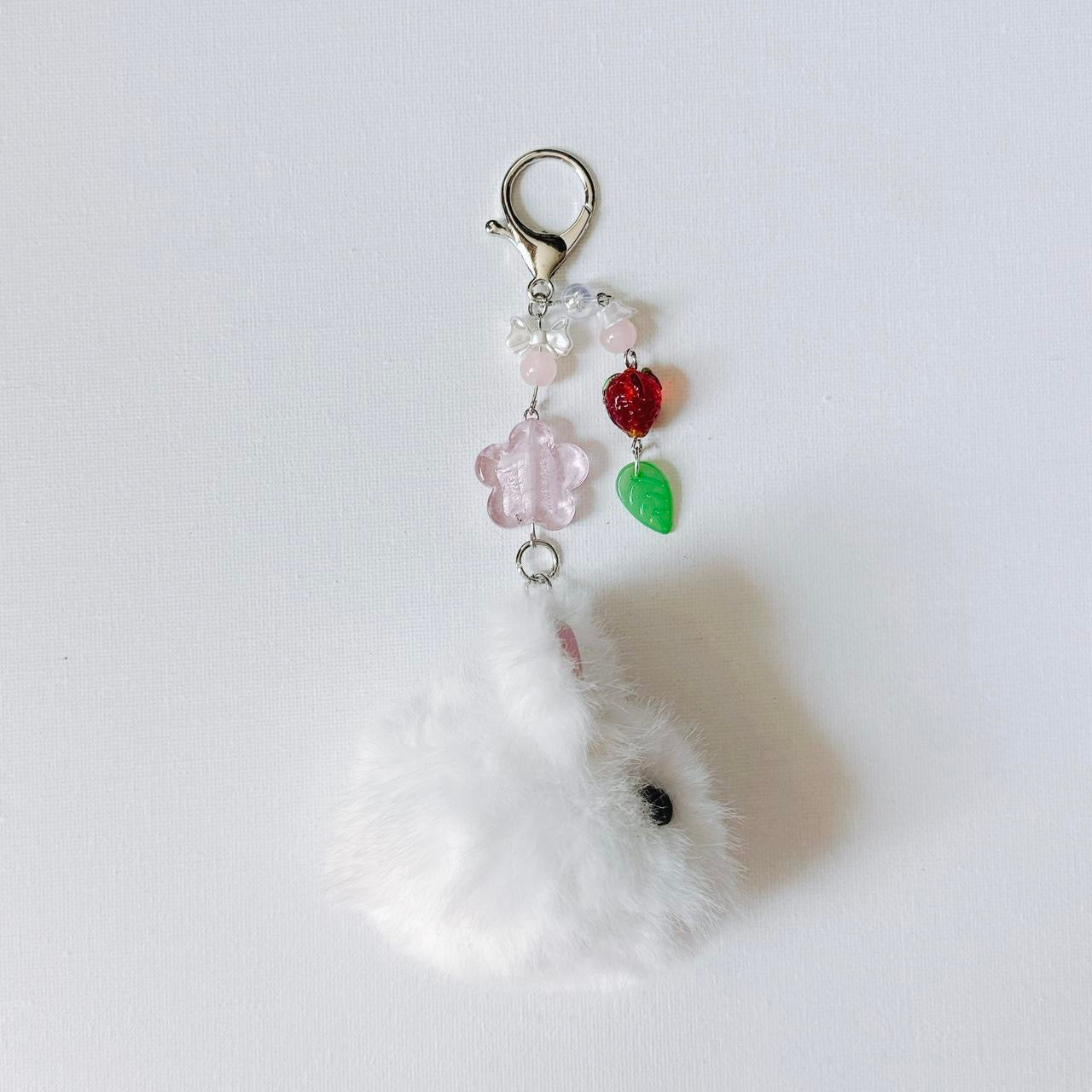 white fluffy bunny keychain - red strawberry