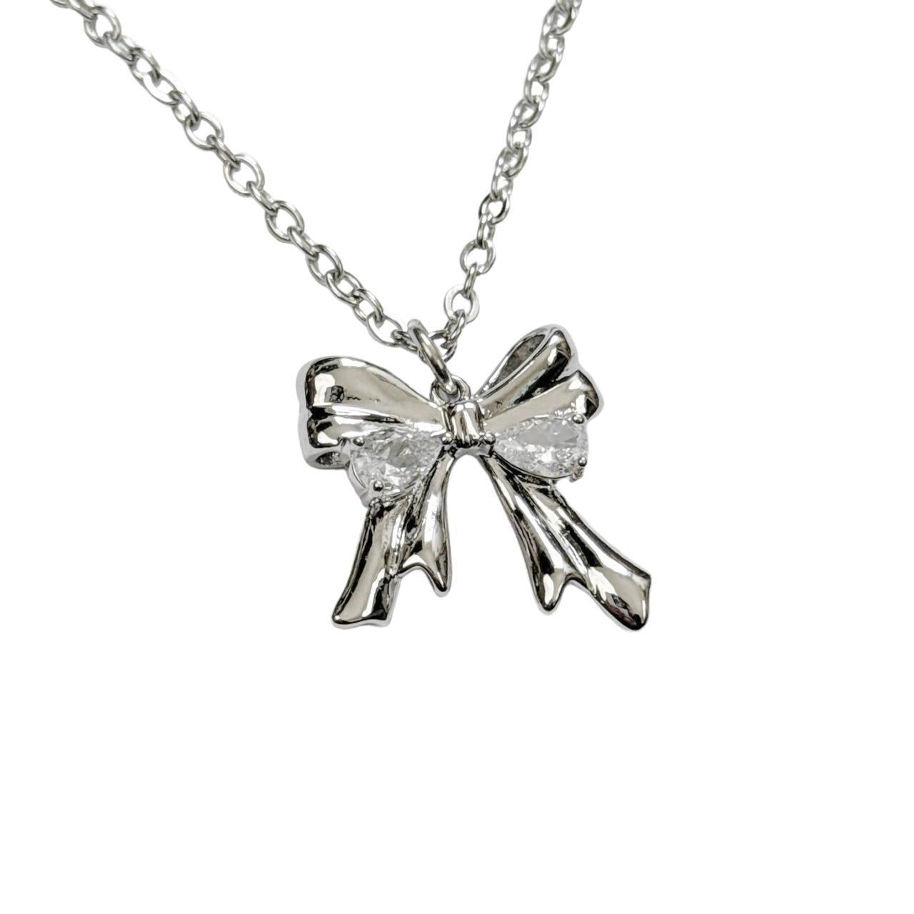 Silver Rhinestone Bow Necklace