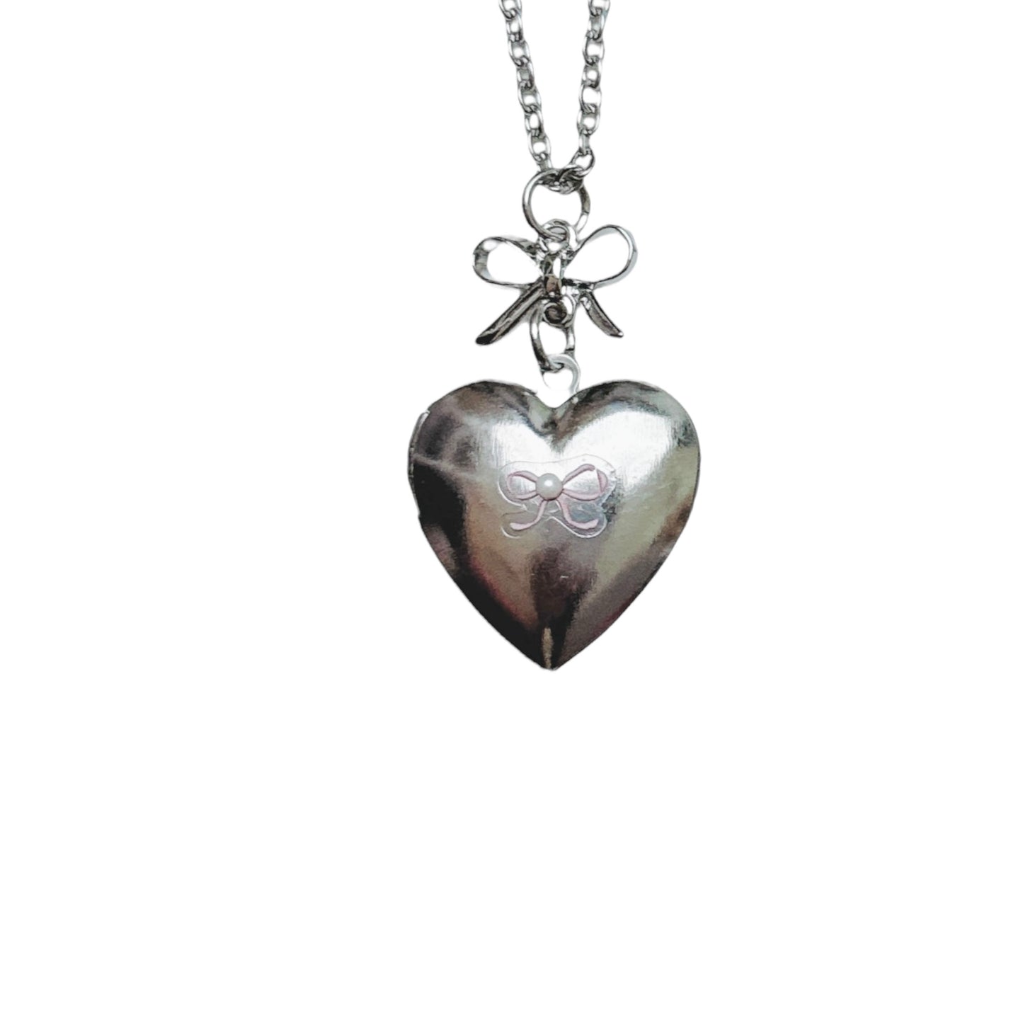 Silver Bow & Heart Locket - small pink bow version