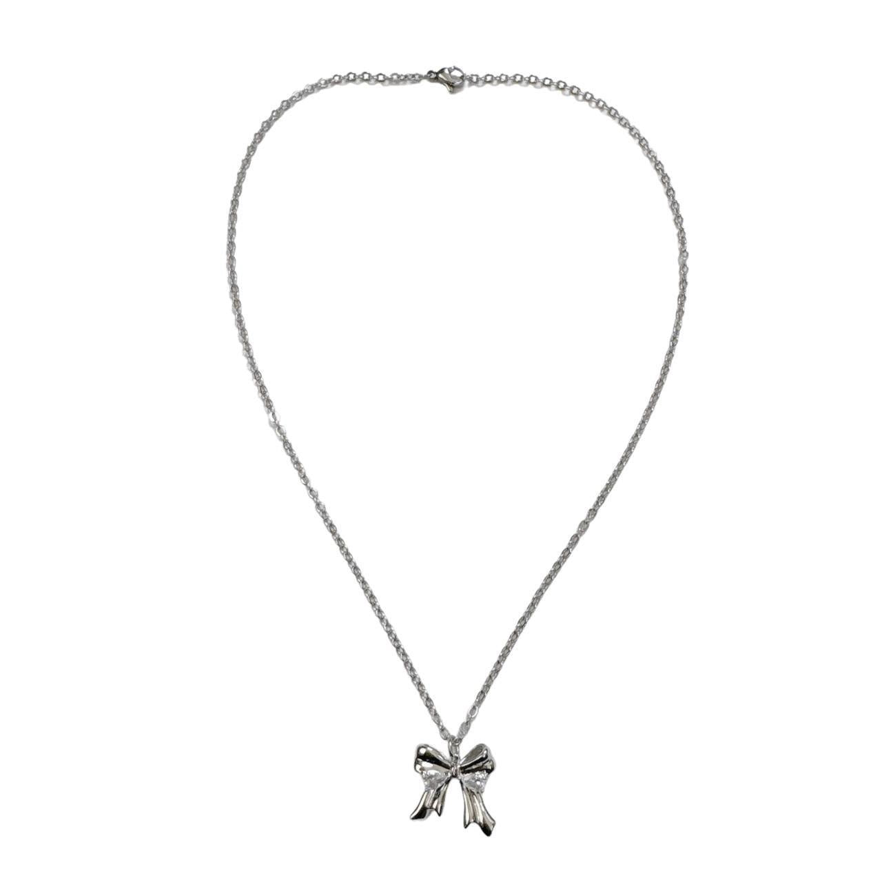 Silver Rhinestone Bow Necklace