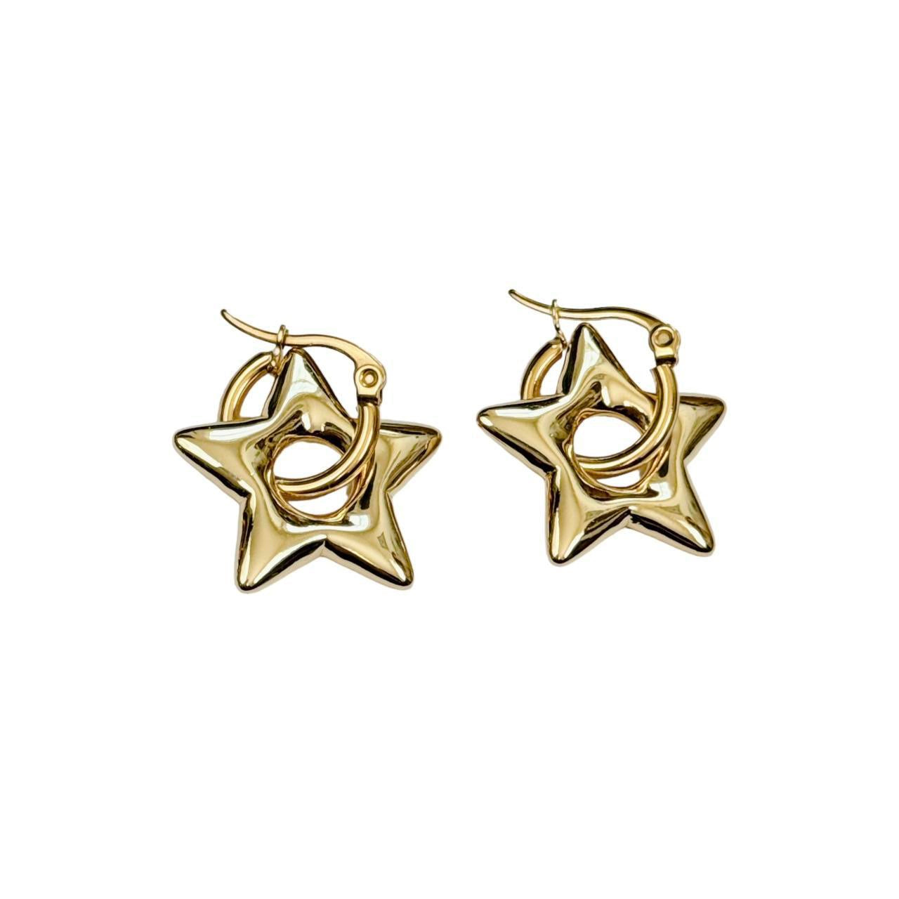 Gold Puffy Star Hoop Earrings