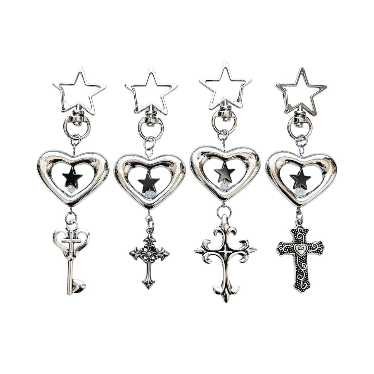 heart cross keychain - grunge rhinestone cross version