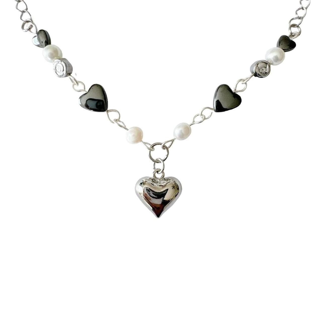 Silver Puffy Heart Beaded Necklace