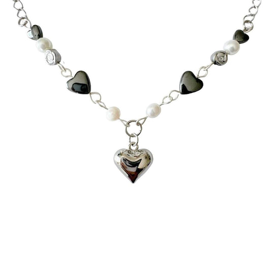 Silver Puffy Heart Beaded Necklace