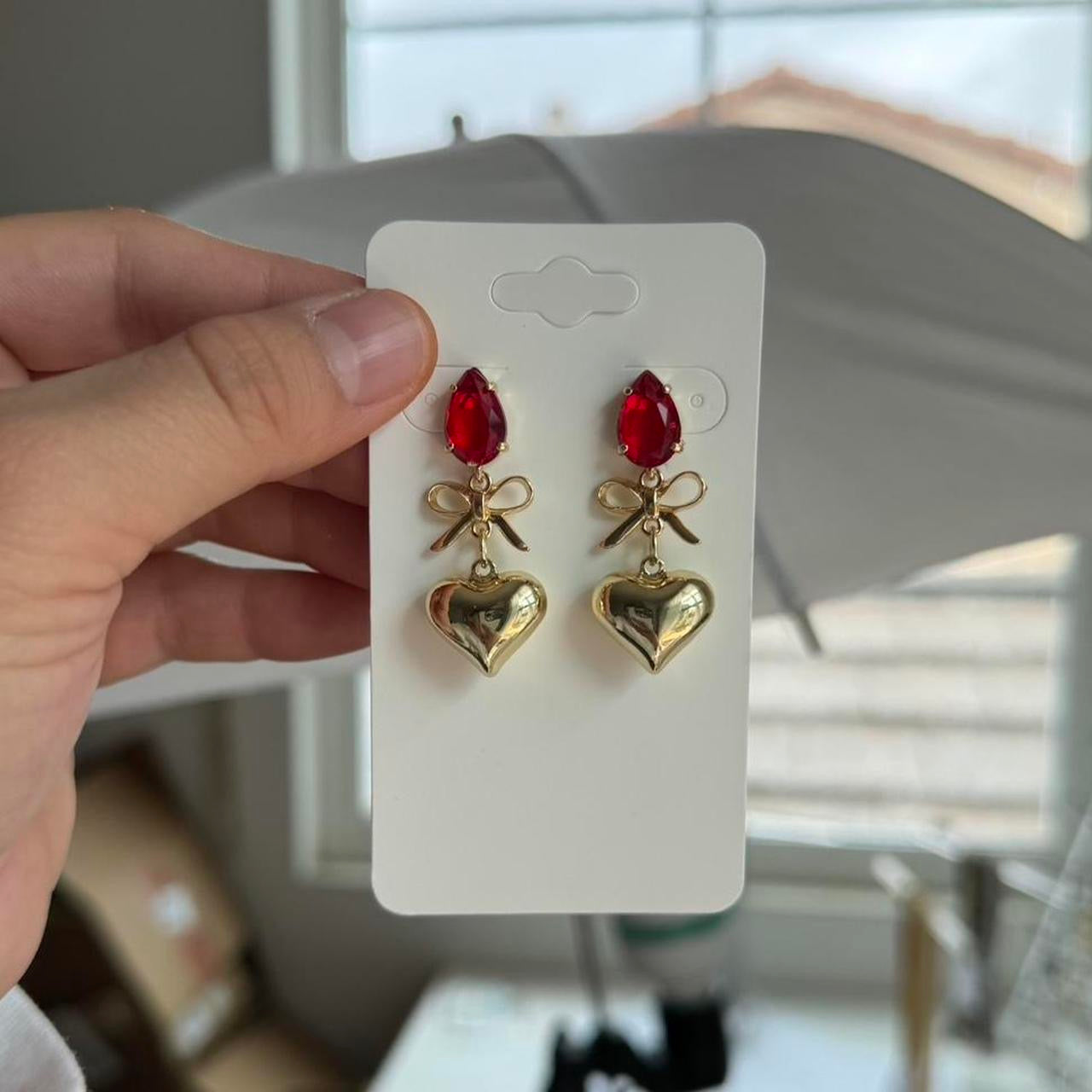 Red & Gold Bow & Heart Earrings