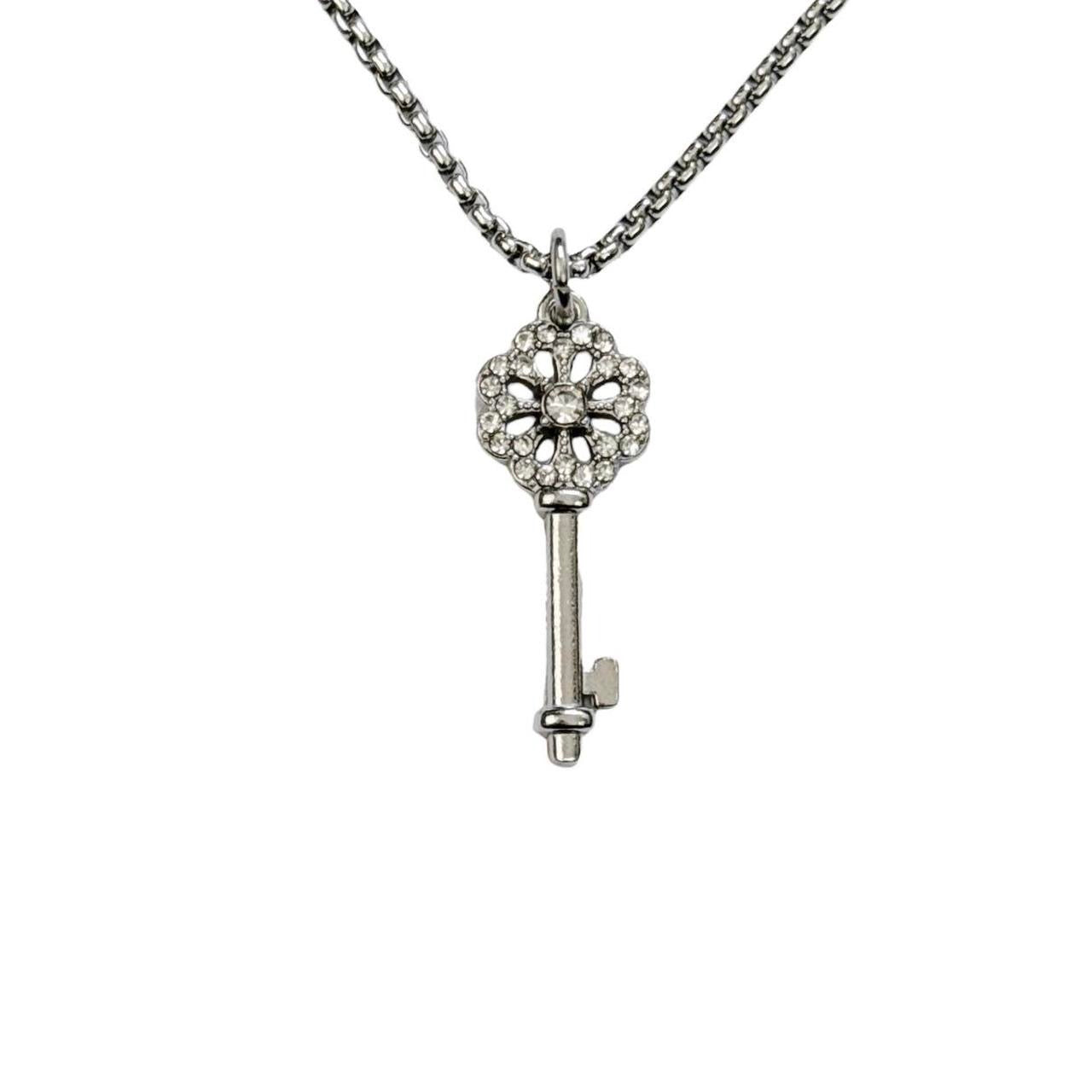 Silver Rhinestone Key Necklace