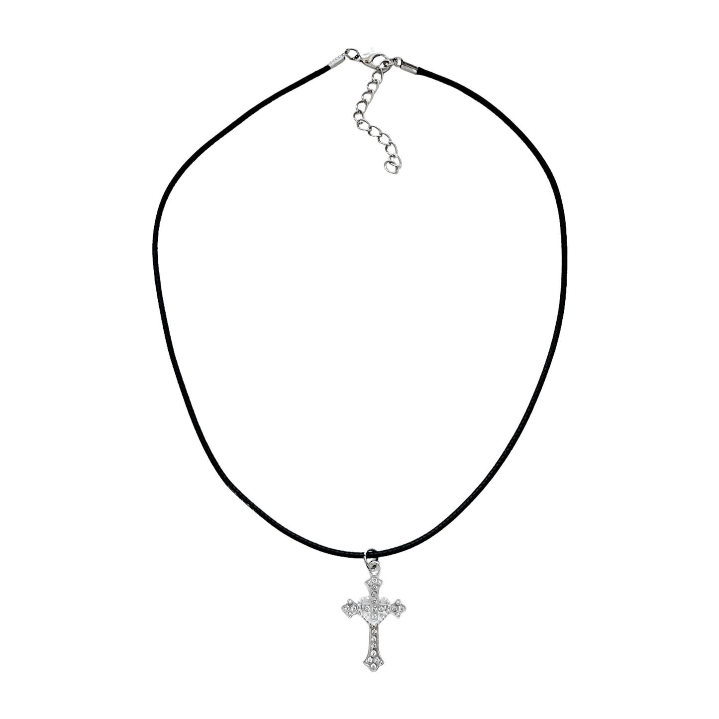 Rhinestone Heart Cross Cord Necklace