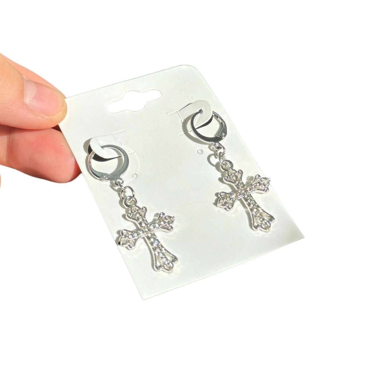 Silver Rhinestone Cross Earrings