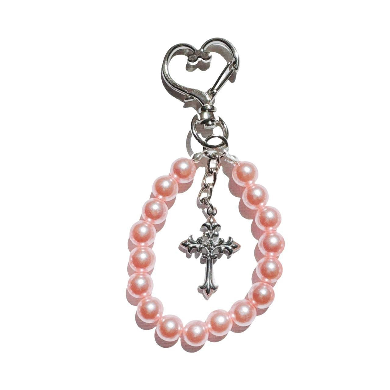 rhinestone cross beaded keychain - pink version