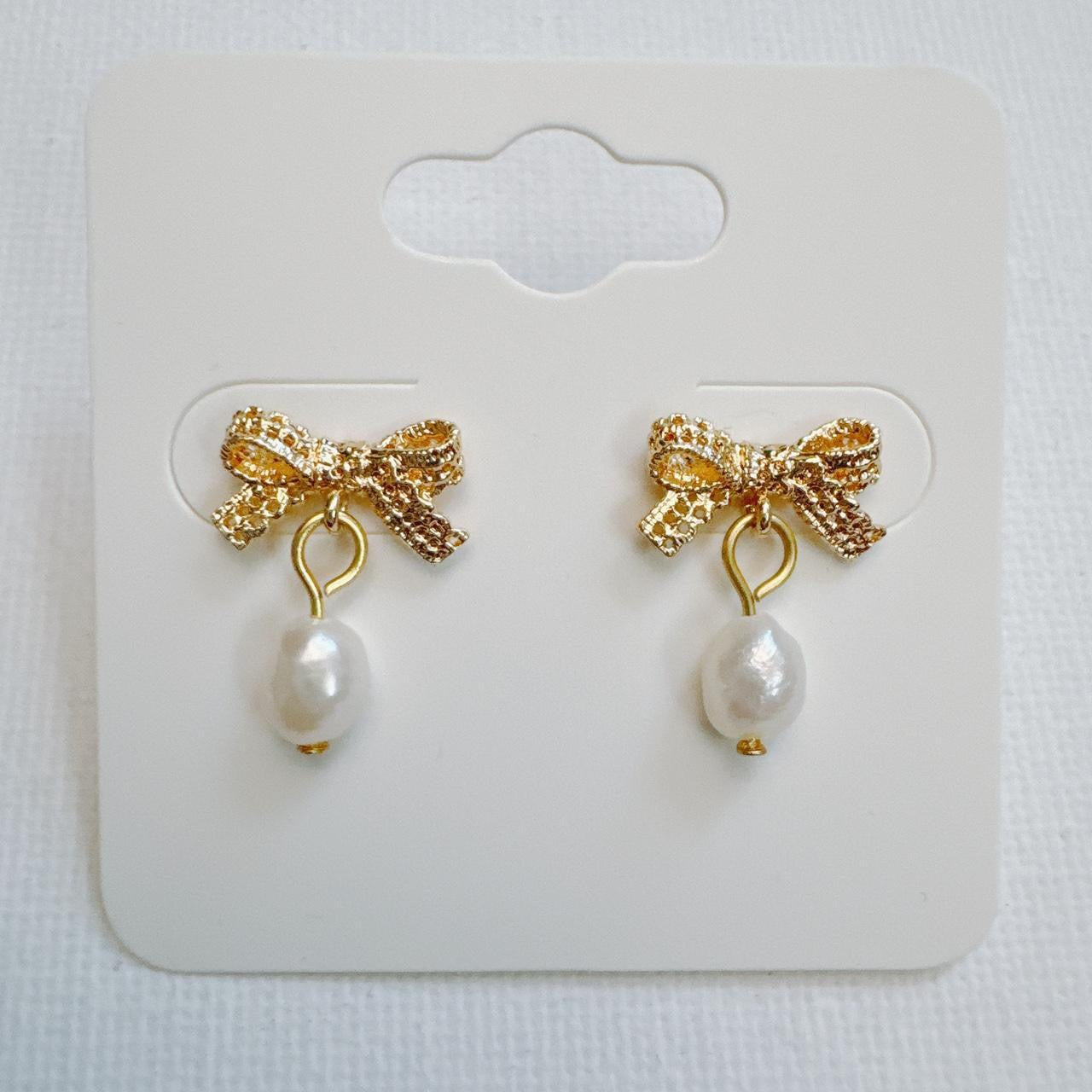 Gold Lace Bow & Pearl Earrings