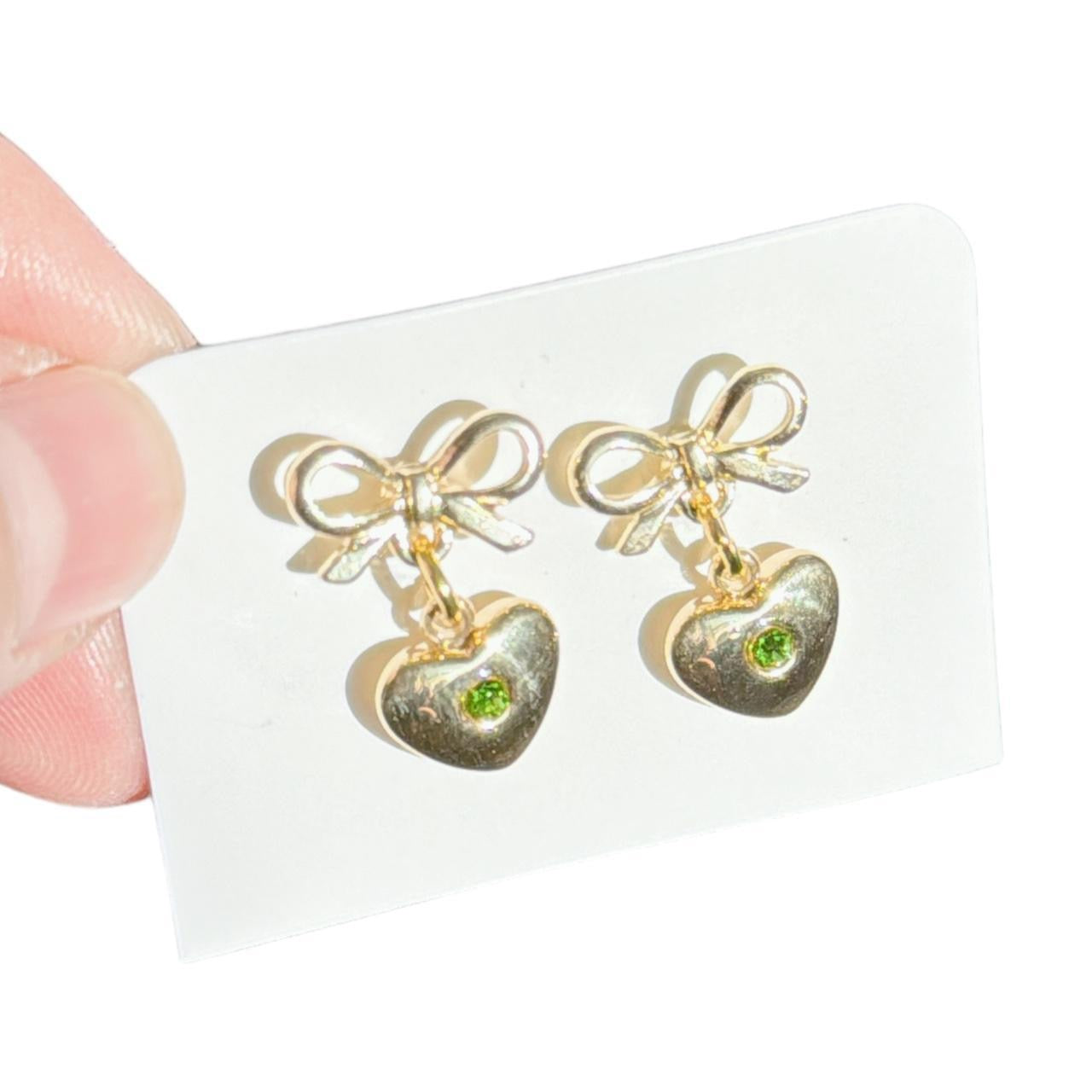 Gold Bow & Green Rhinestone Heart Earrings