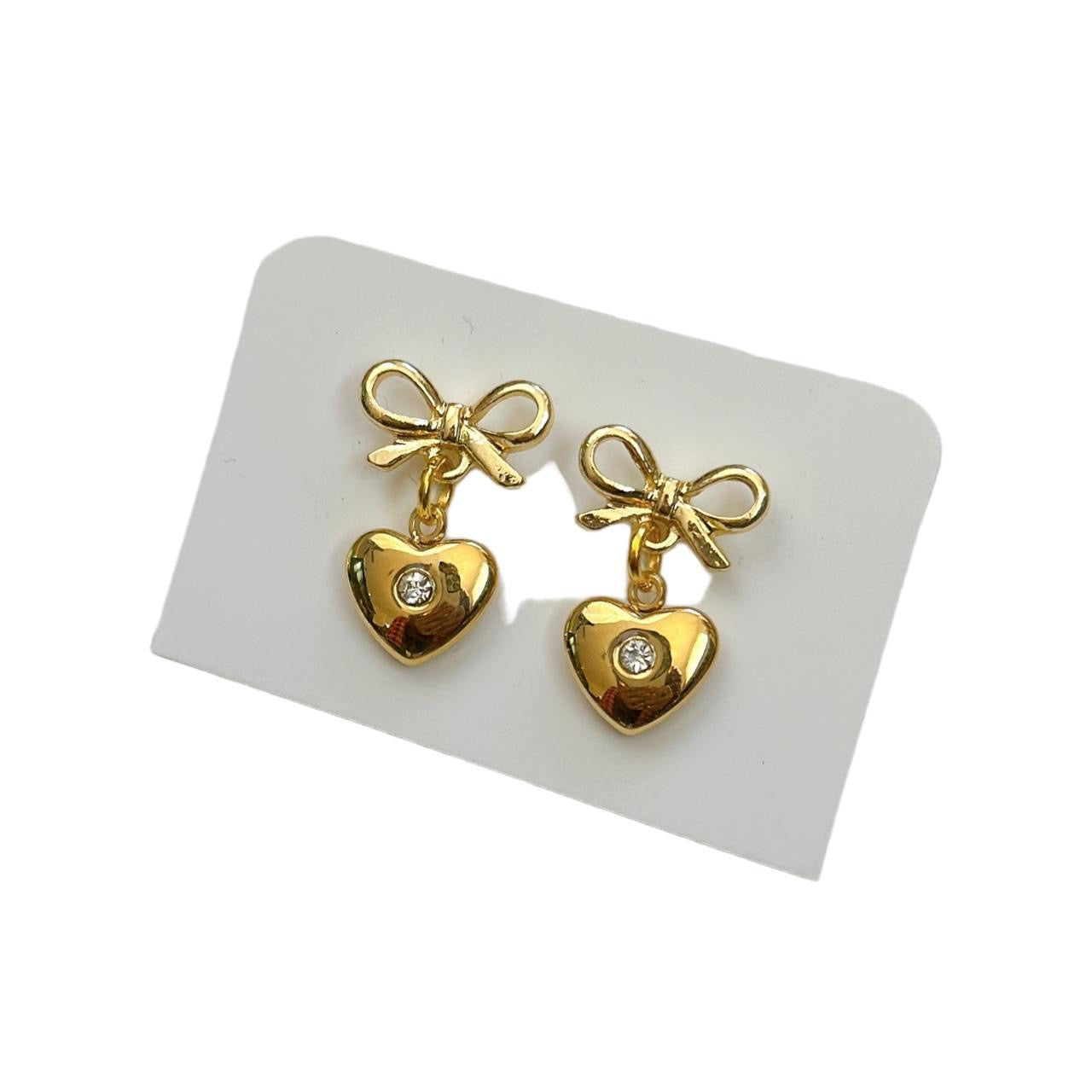 Gold Bow & Clear Rhinestone Heart Earrings