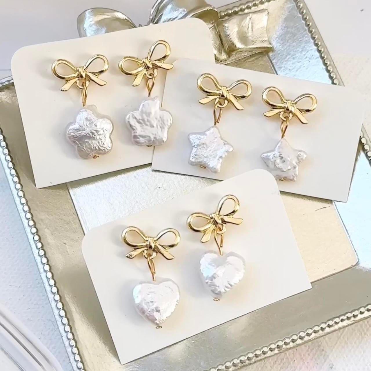 Gold Bow & Pearl Heart Earrings