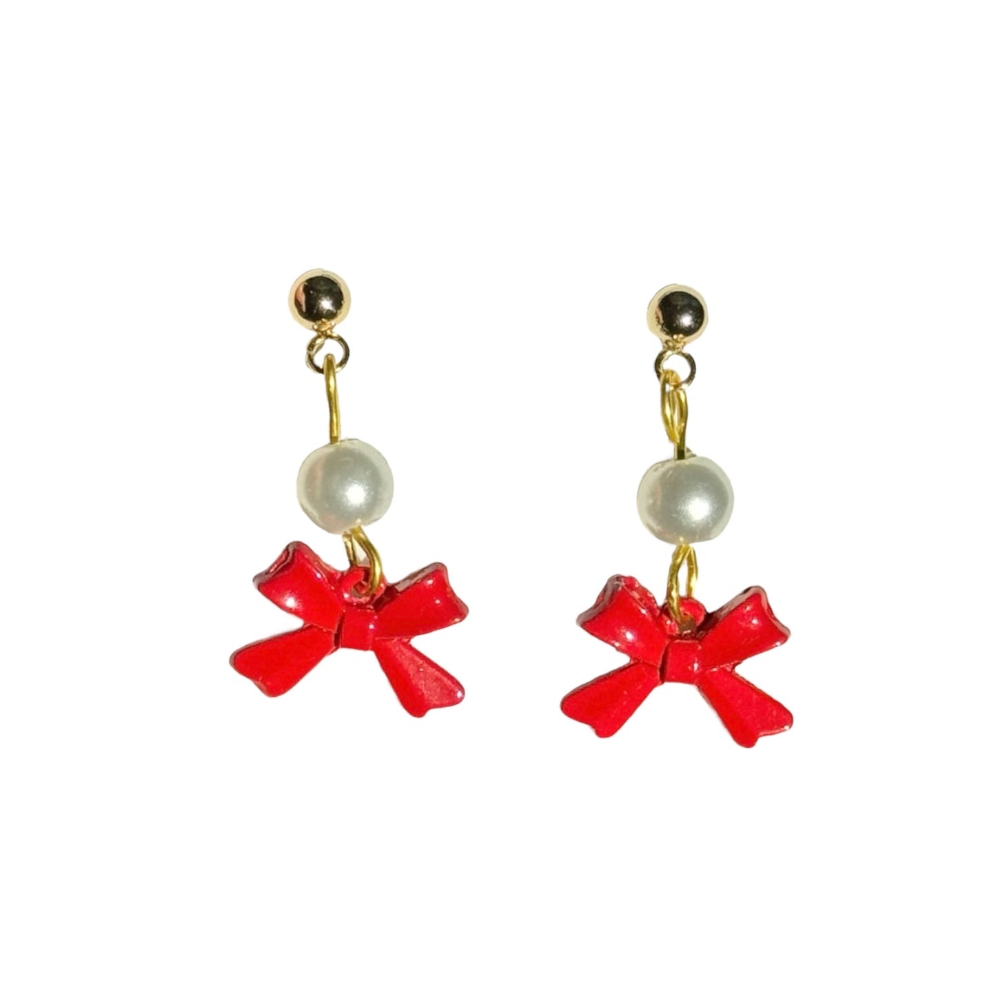 Gold Pearl & Red Bow Earrings