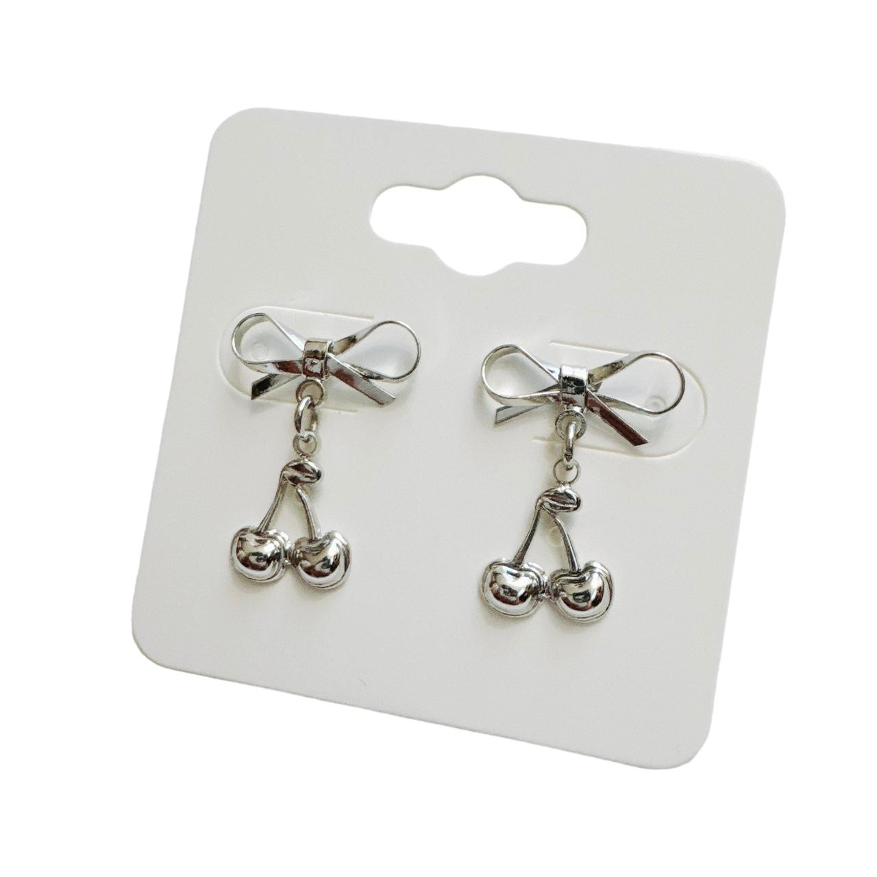 Silver Bow & Cherry Earrings