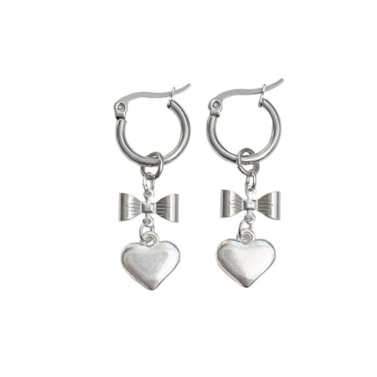 Silver Bow and Heart Hoop Earrings