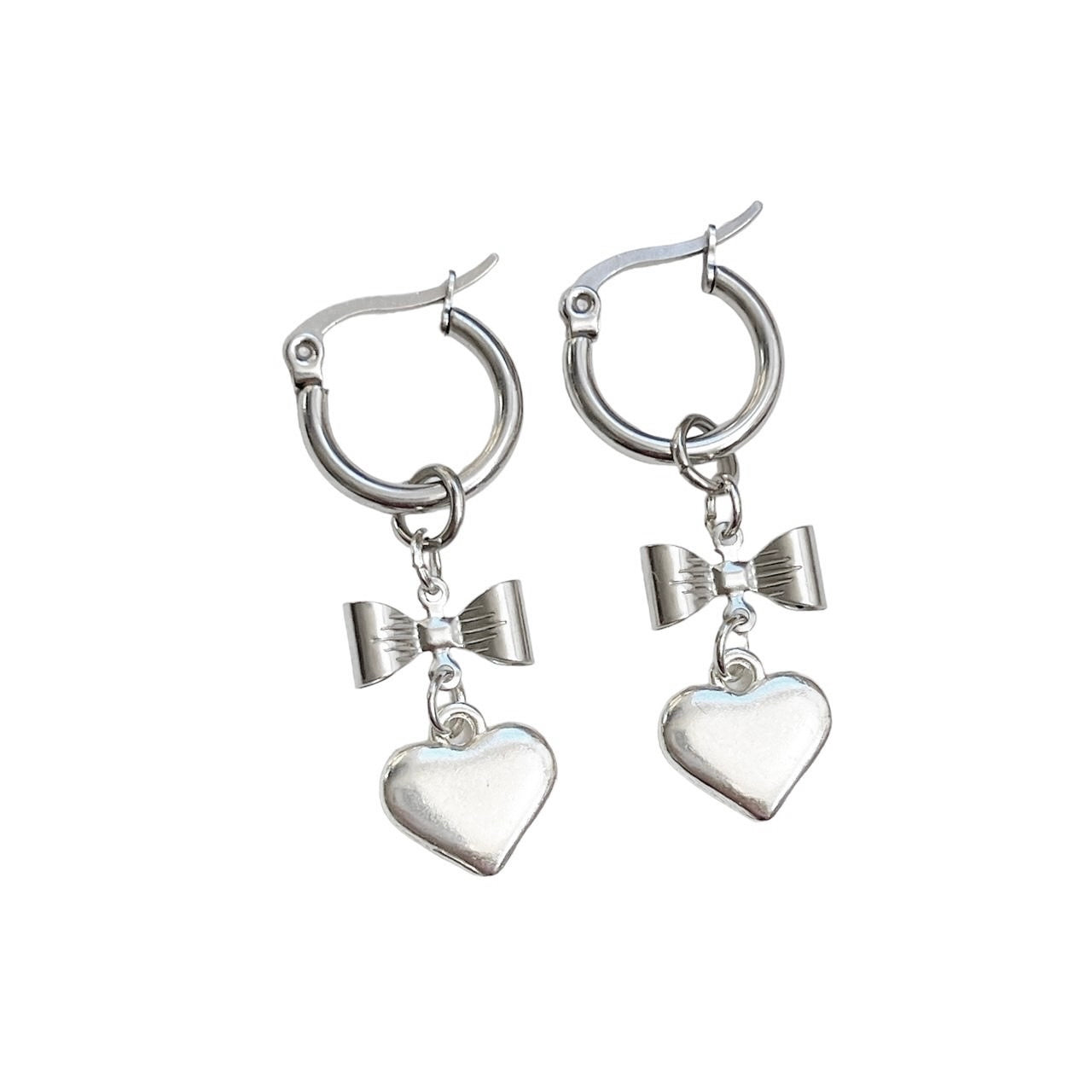 Silver Bow and Heart Hoop Earrings