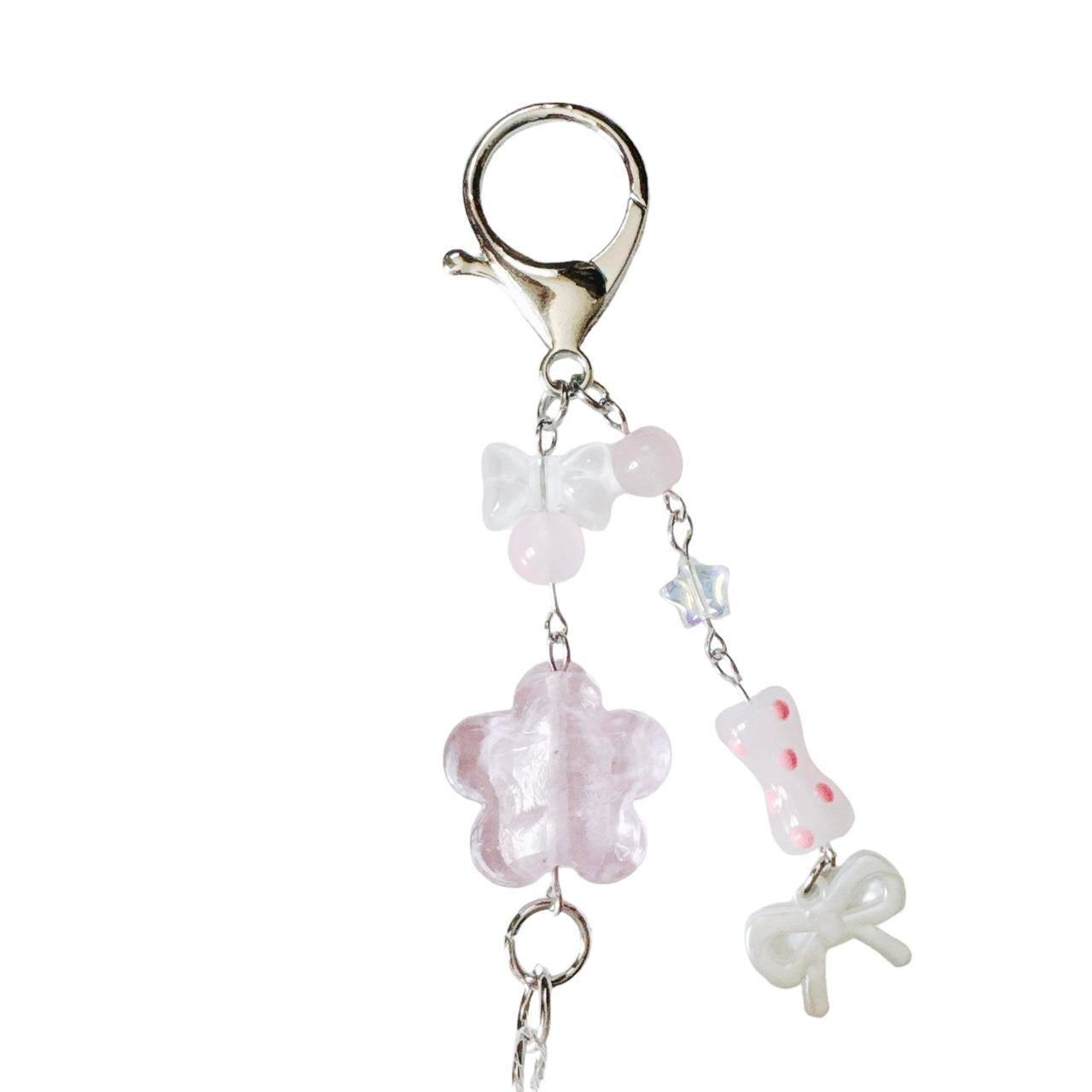 pink fluffy bunny keychain - bow