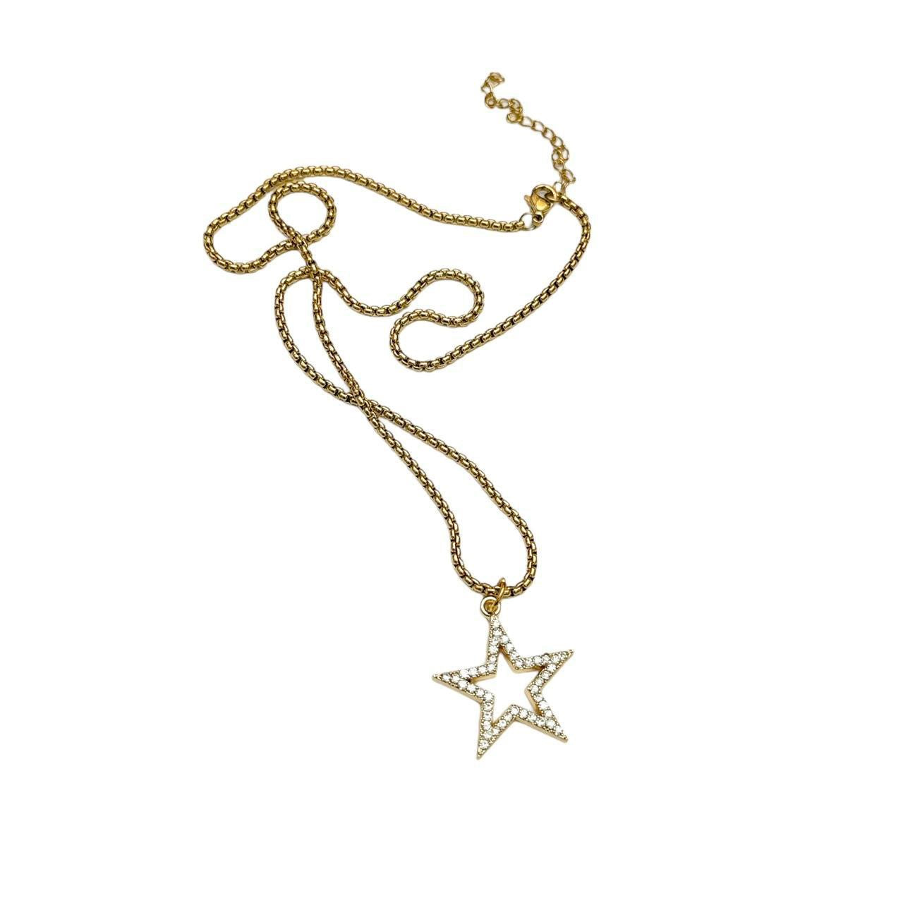 Gold Rhinestone Hollow Star Necklace