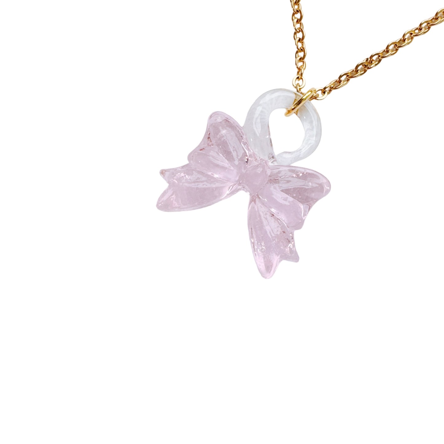 Gold Pink Glass Bow Necklace