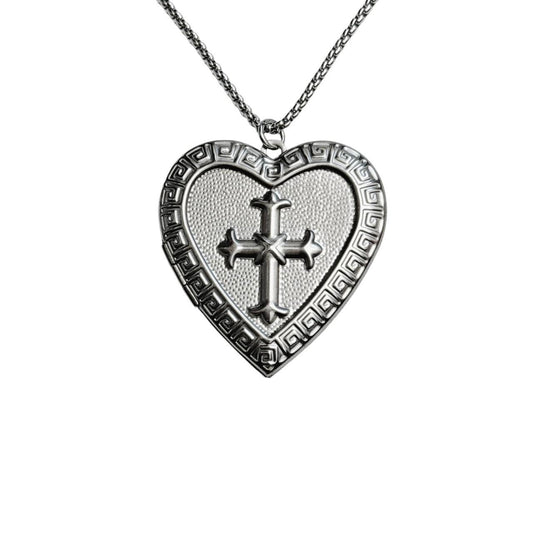 silver large heart cross locket necklace