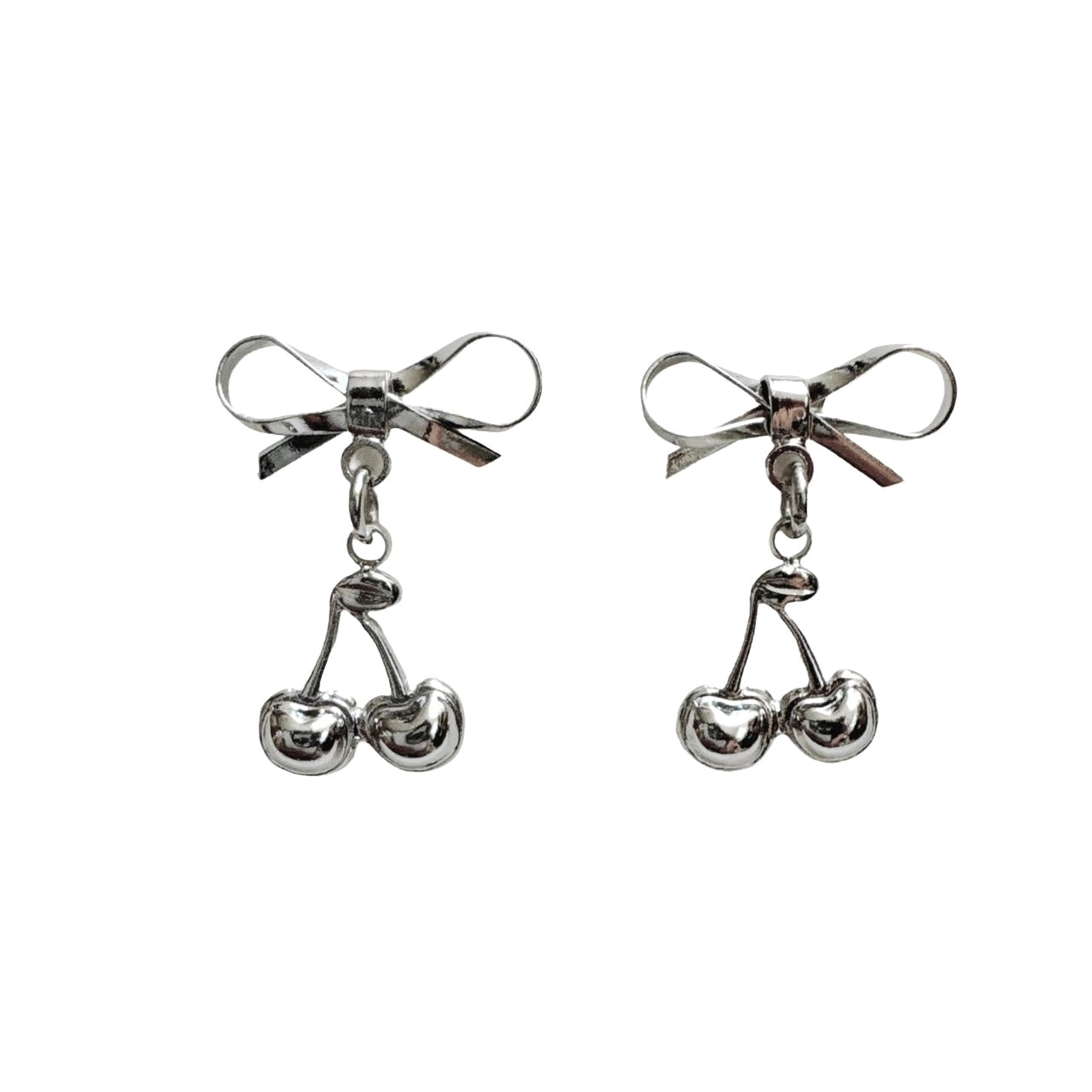 Silver Bow & Cherry Earrings