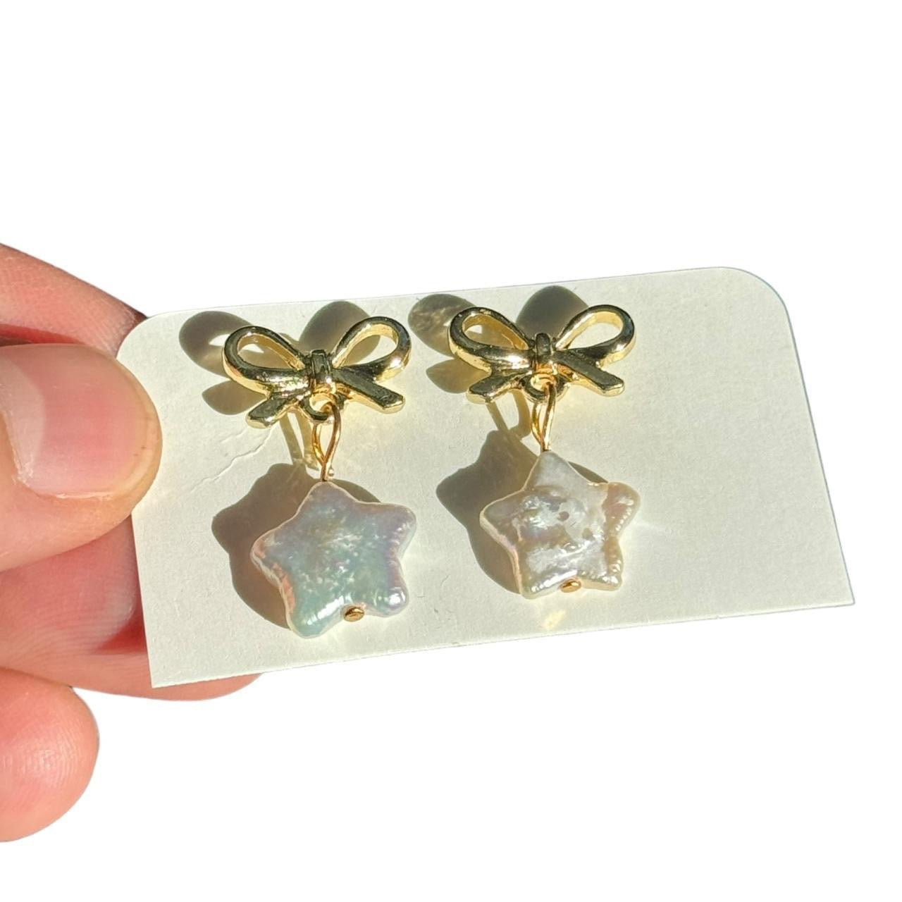 Gold Bow & Pearl Star Earrings