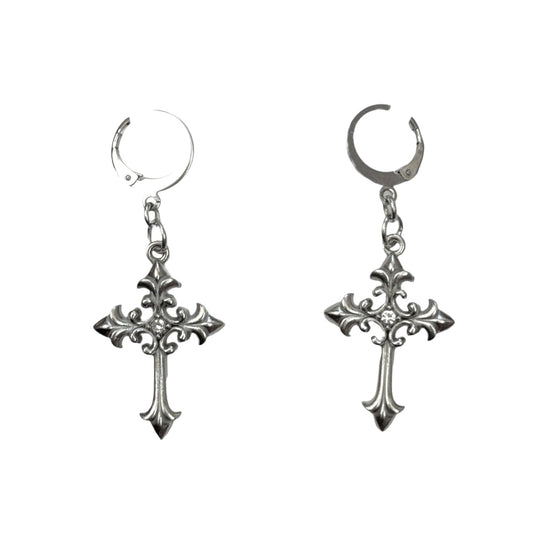 Silver Grunge Rhinestone Cross Earrings