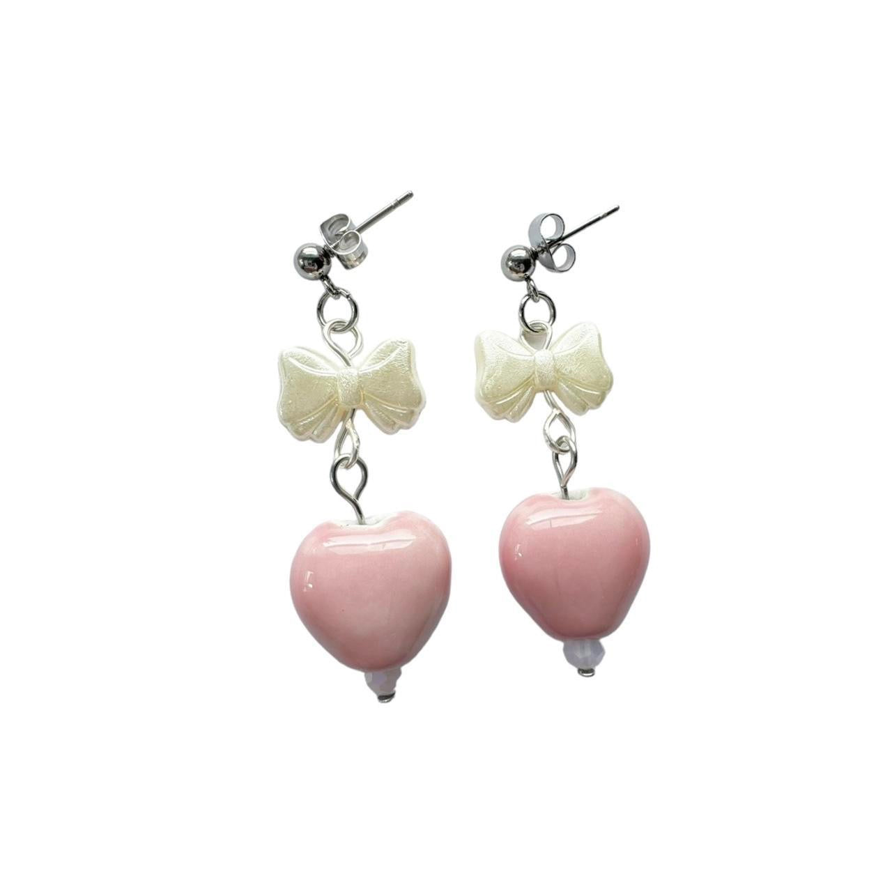 White Bow & Pink Heart Earrings