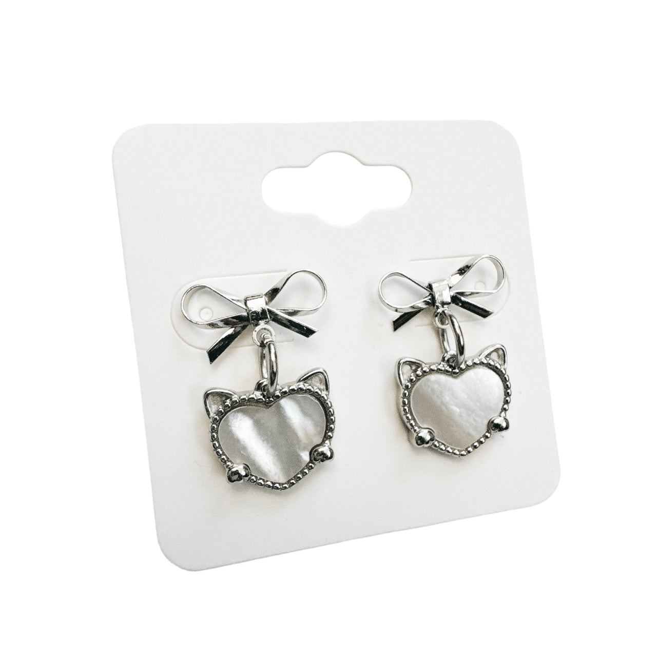 silver bow & cat shell heart earrings