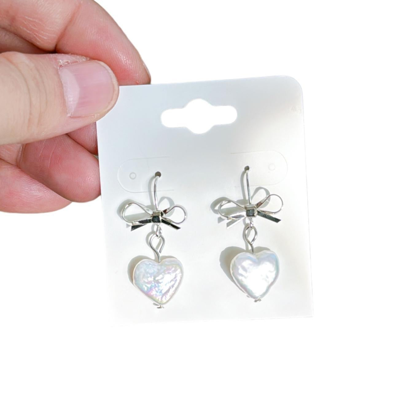 Silver Bow & Pearl Heart Earrings