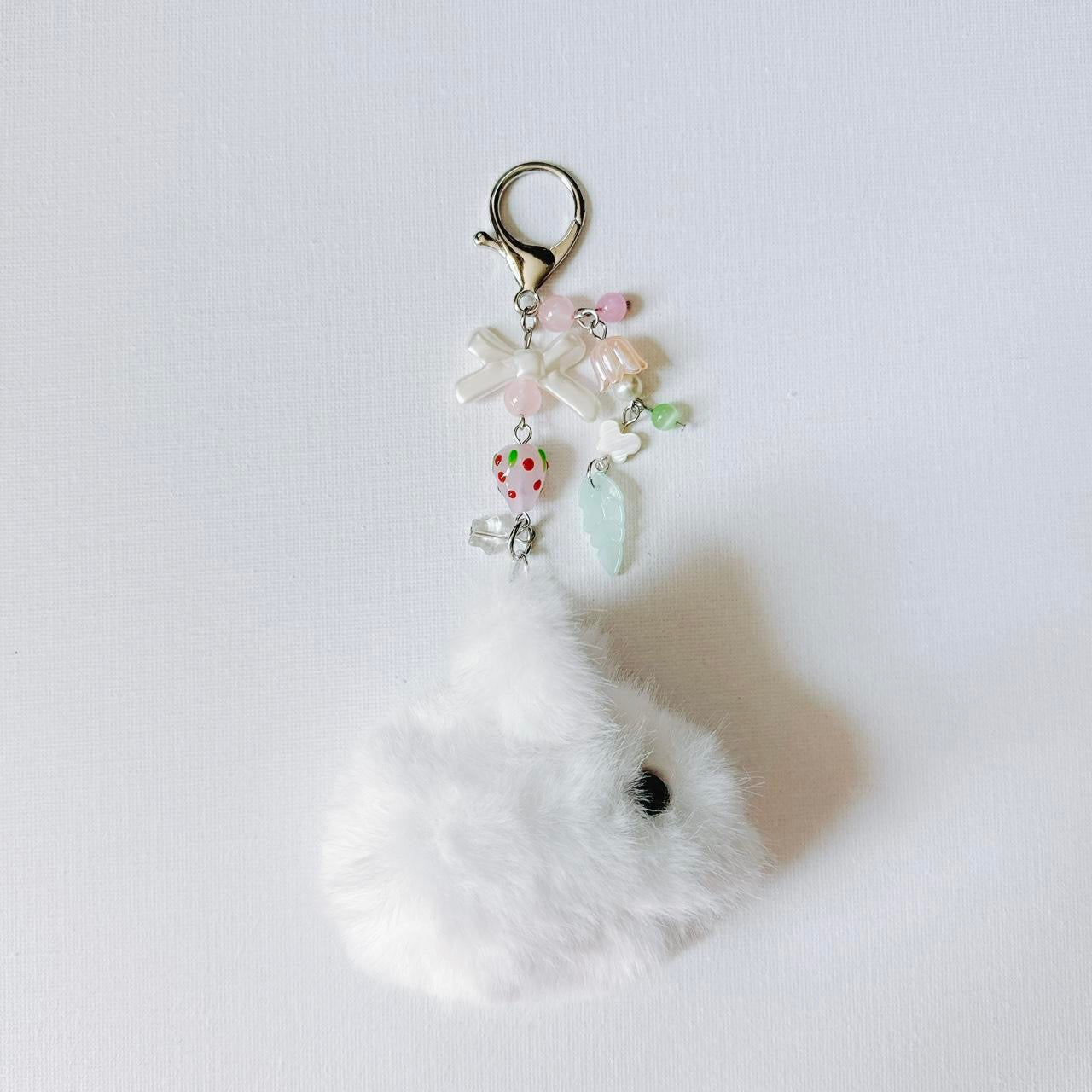 white fluffy bunny keychain - pink strawberry