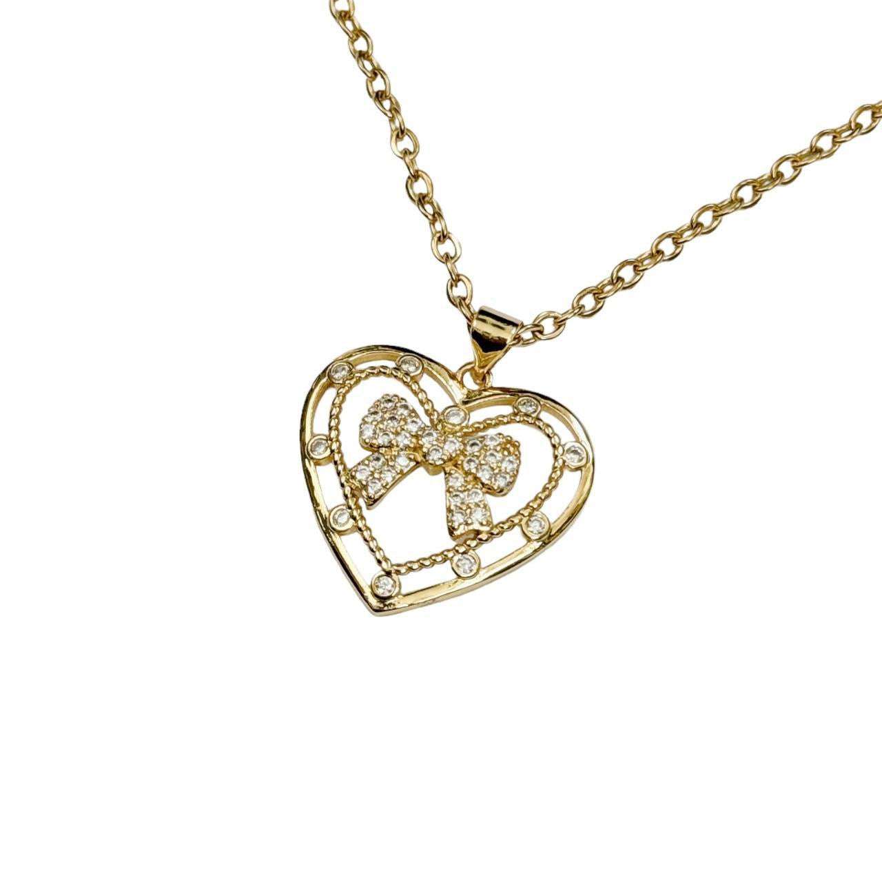 Gold Rhinestone Bow Heart Necklace