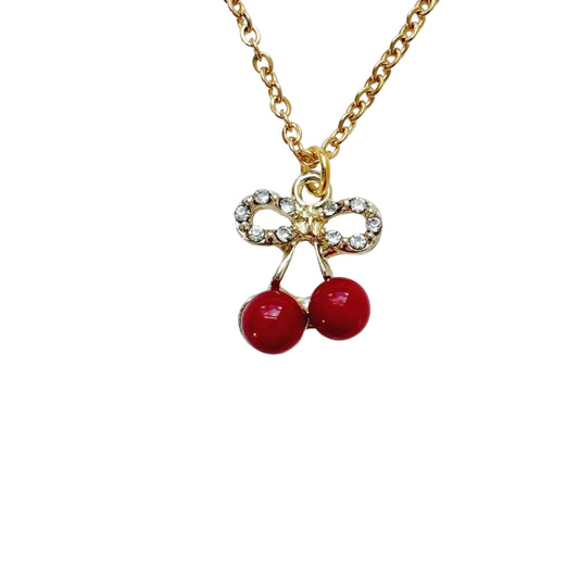 Gold Rhinestone Cherry Bow Necklace