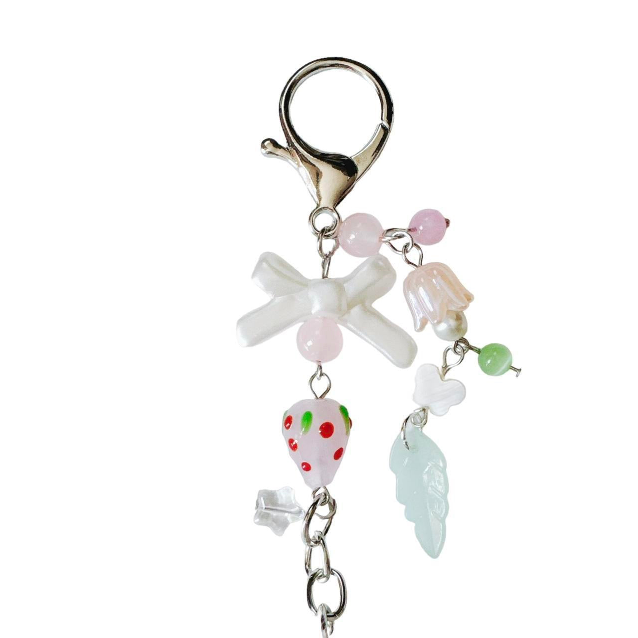 white fluffy bunny keychain - pink strawberry