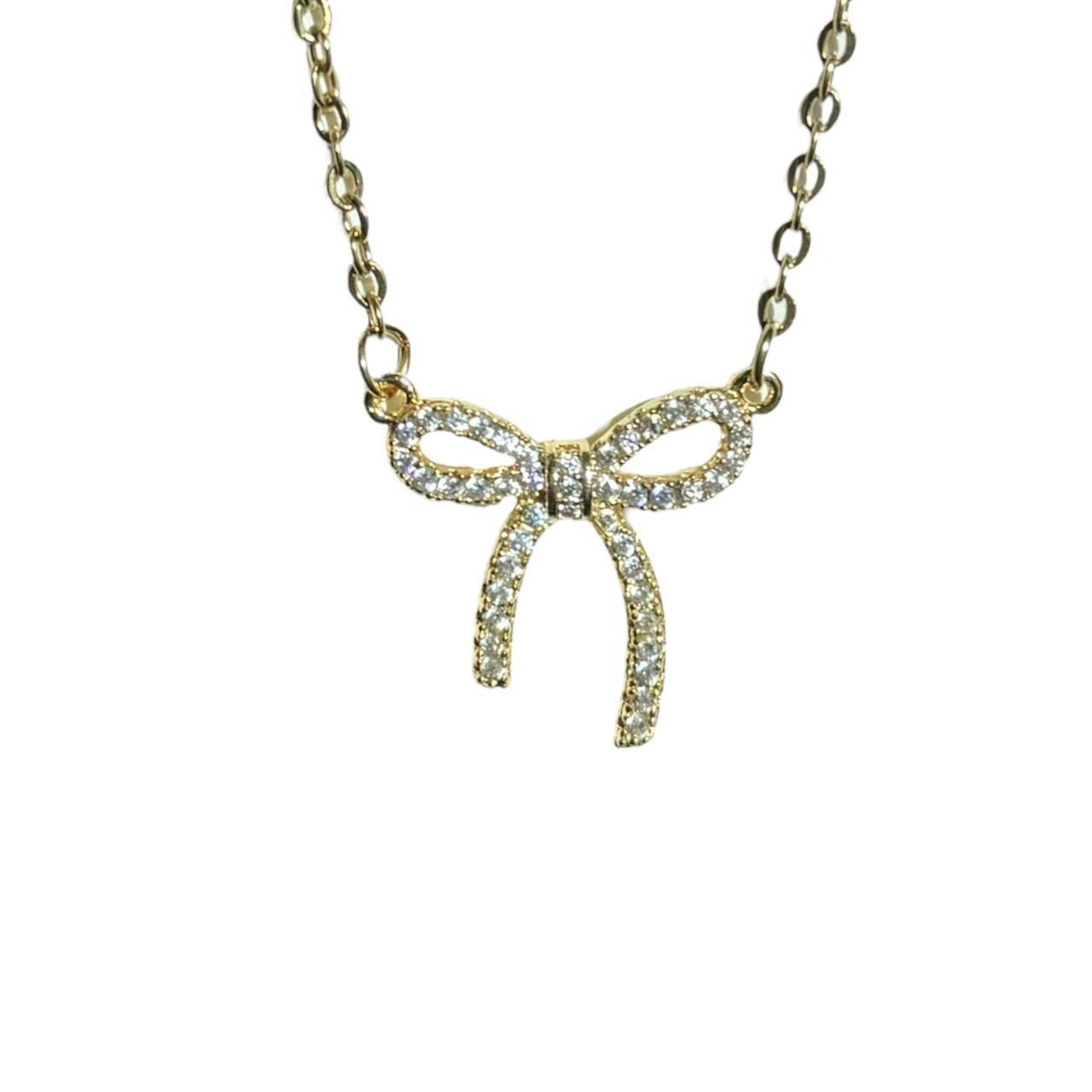 Gold Rhinestone Bow Necklace ౨ৎ