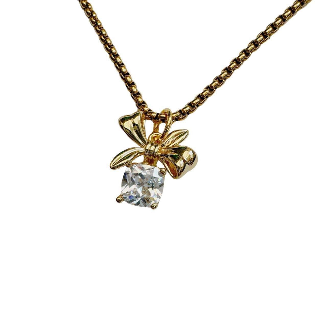 Gold Rhinestone Bow Necklace