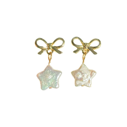 Gold Bow & Pearl Star Earrings