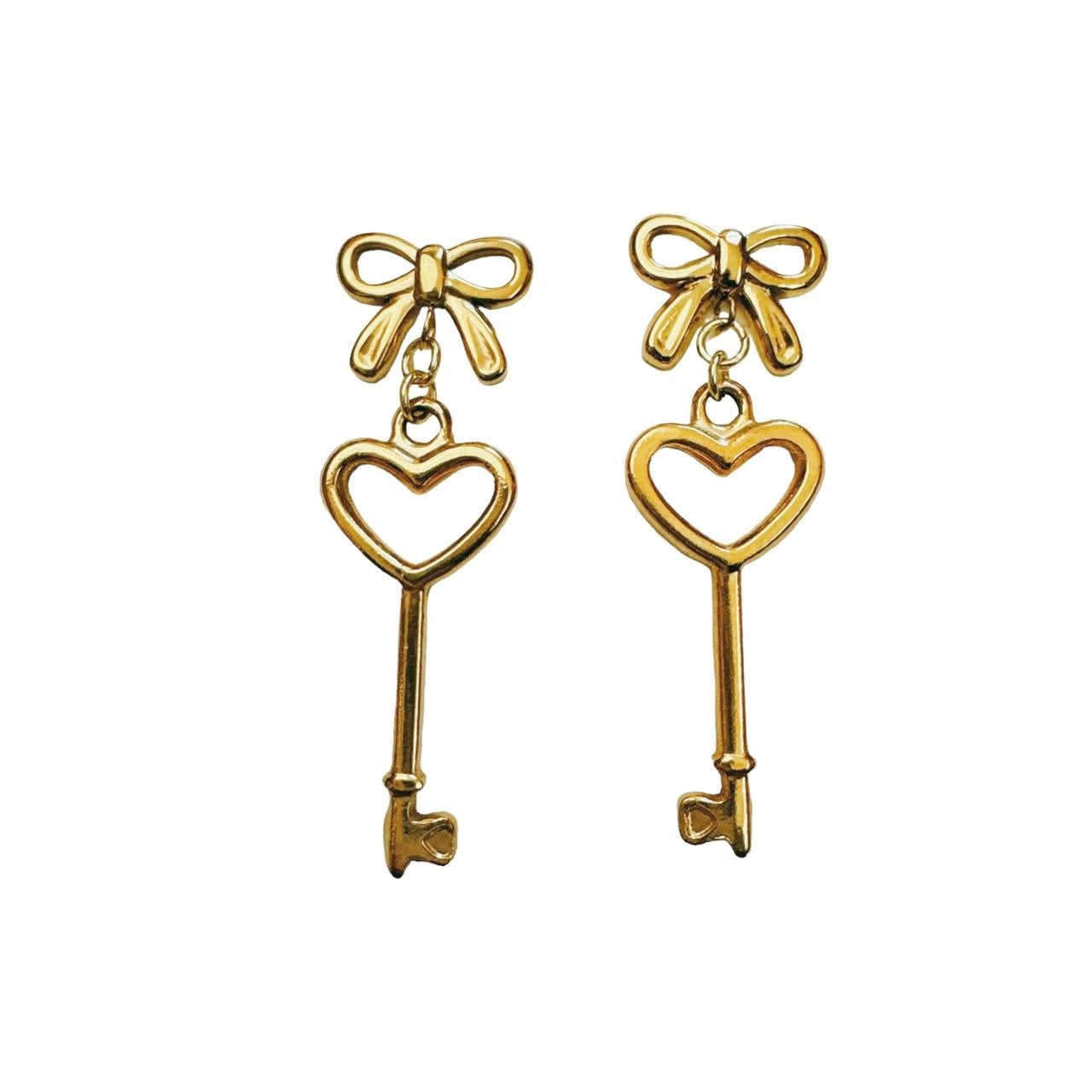 gold bow & heart key earrings