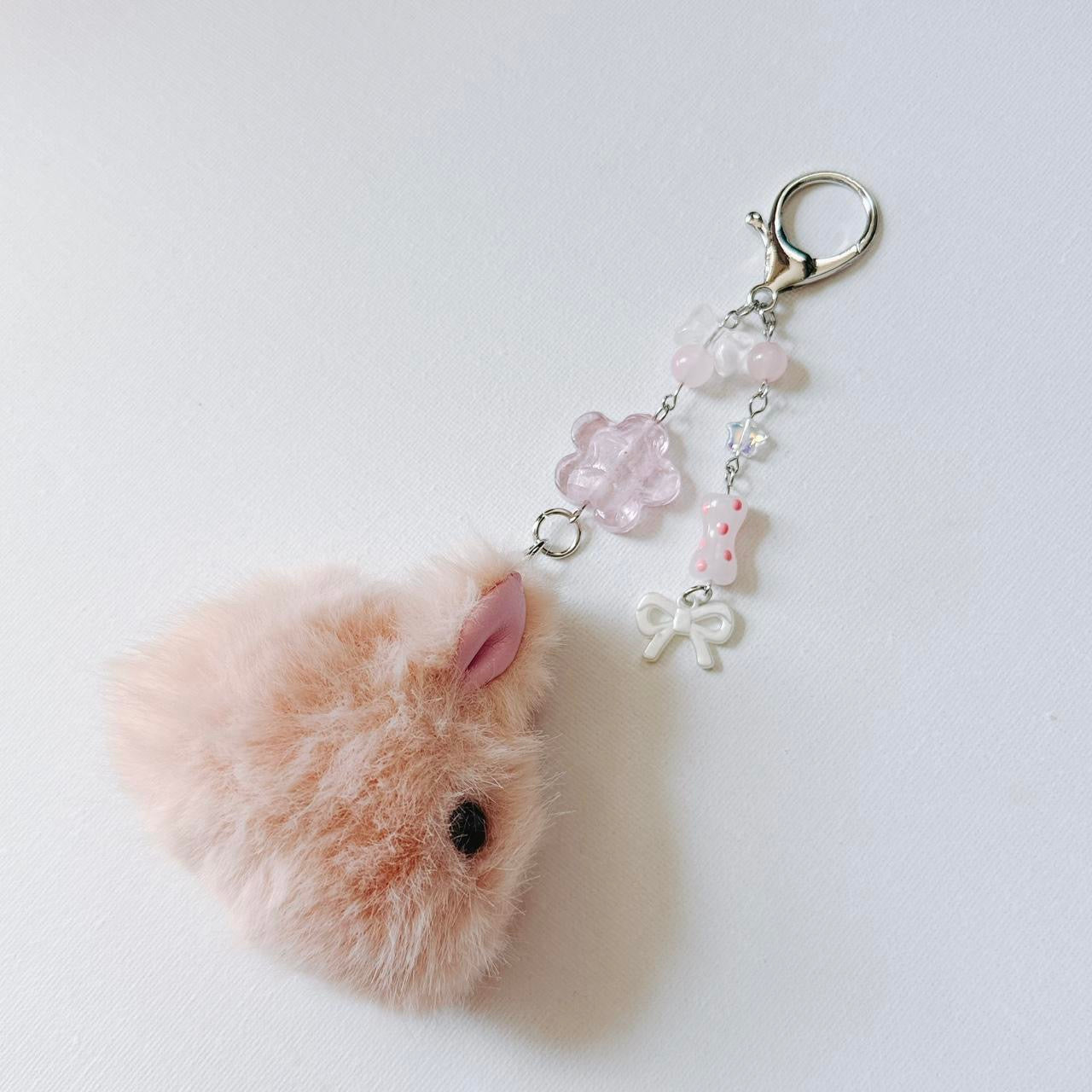 pink fluffy bunny keychain - bow