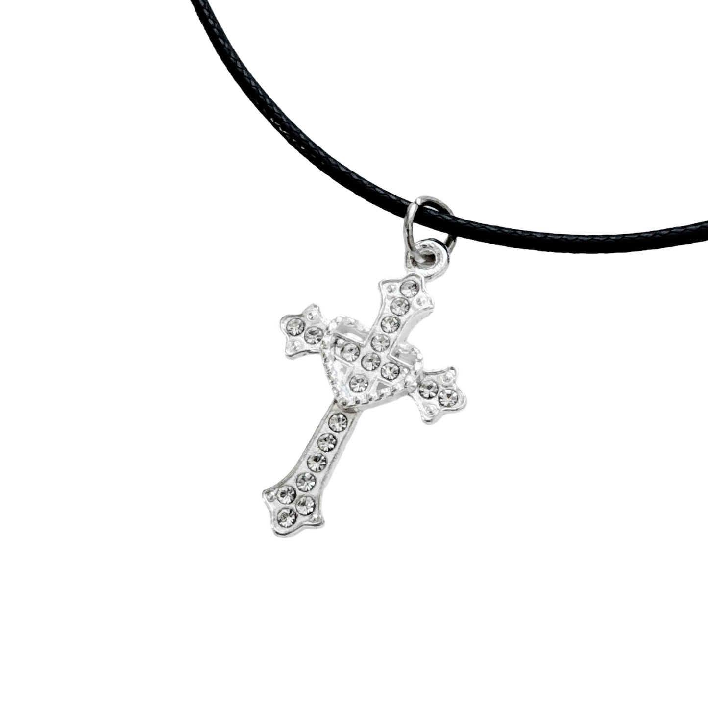 Rhinestone Heart Cross Cord Necklace